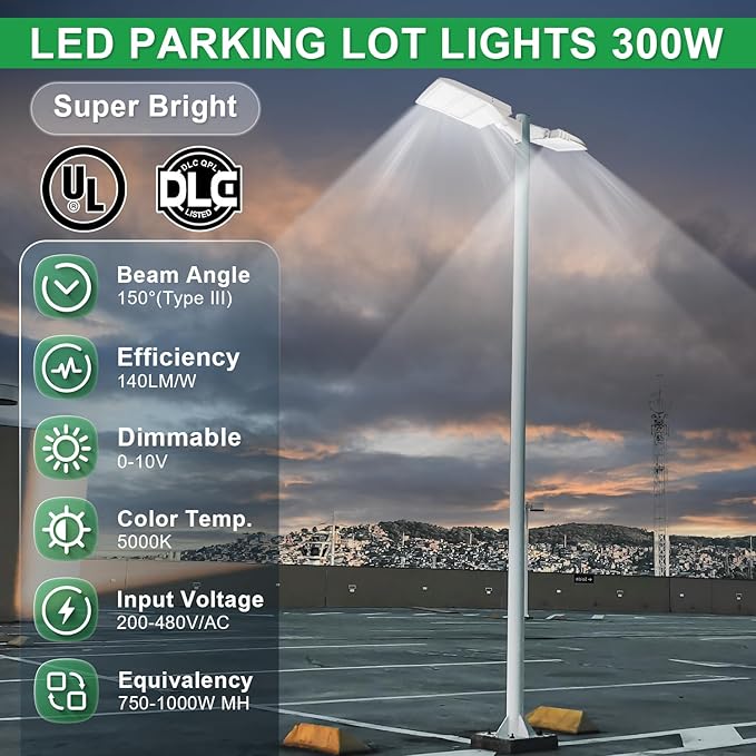 480V 300W LED Parking Lot Light, 5000K 42000LM(140lm/w) LED Shoebox Area Light - Direct Arm Mount, Dimmable Commercial Street Lighting, Surge Protection Built-in, AC277-480V UL DLC Listed