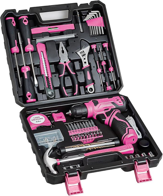 Tool Set - 8V Cordless Drill Kit, 132 Piece Box With Hand Drill, Home Kits for Men & Women, Perfect for Homeowner, Diyer, Handyman - Pink
