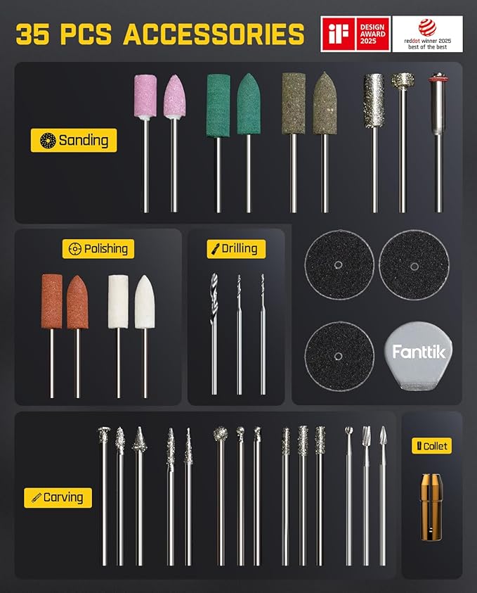 Fanttik F2 Master Mini Cordless Rotary Tool Kit 4V, NeoPulse Motor, 5 Variable Speed, 25000 RPM, Revostor Hub, 35 Accessories, for Sanding, Polishing, Drilling, Carving, 3D Printer DIY Crafts - Red