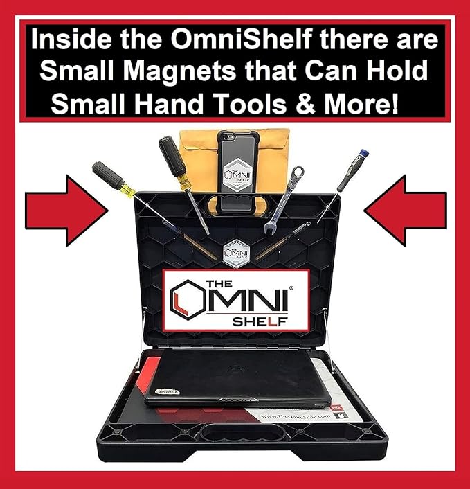 The OmniShelf Portable Workstation, Magnetic Toolbox, Laptop Stand w/ 50 lb Capacity, Hands Free Workstation, Attach to HVAC, Trucks, Walls, Poles etc. (Model # OSO1 - Magnets)