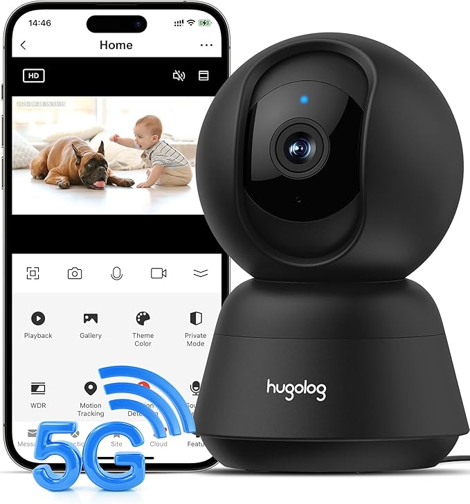 Hugolog 3K 5MP Indoor Pan/Tilt Security Camera with Auto-Focus,2.4 GHZ/5 GHZ,Ideal for Baby Monitor/Pet Camera,Starlight Color Night Vision,Human/Pet AI,Two-Way Audio,US Cloud,Compatible with Alexa