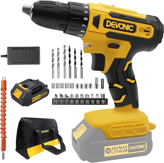 DEVONIC Cordless Drill Set,21V Electric Drill with 1 Lithium Battery and Charger,3/8"Keyless Chuck,25+1 Torque Setting and 28pcs Screwdriver Bits