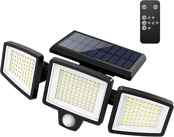 Tuffenough Solar Outdoor Lights 2500LM 210 LED Security Lights with Remote Control,3 Heads Motion Sensor Lights, IP65 Waterproof,270° Wide Angle Flood Wall Lights with 3 Modes (1 Pack)