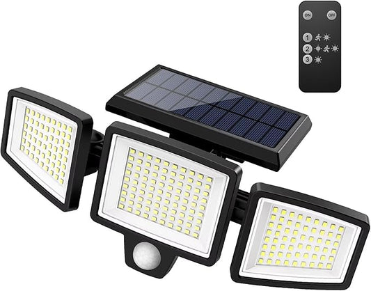 Tuffenough Solar Outdoor Lights 2500LM 210 LED Security Lights with Remote Control,3 Heads Motion Sensor Lights, IP65 Waterproof,270° Wide Angle Flood Wall Lights with 3 Modes (1 Pack)