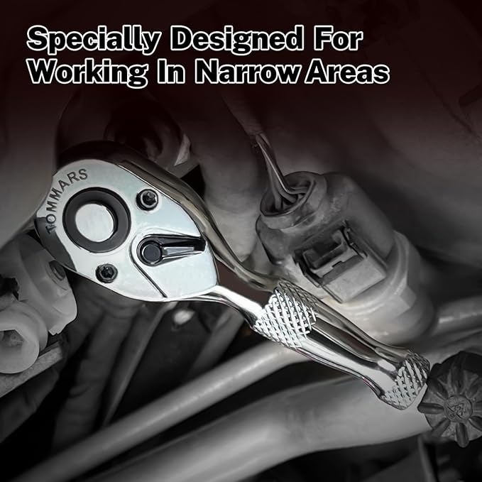 TOMMARS Stubby Ratchet Set, 1/4", 3/8", 1/2" Drive Ratchet Handle Wrench 72-Tooth Quick-Release Reversible