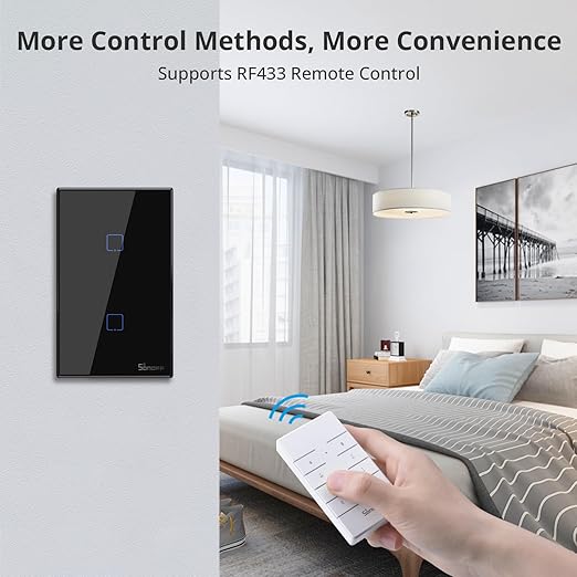 SONOFF Smart Light Switch，2.4GHz WiFi Touch Smart Wall Switch for Lights, Works with Alexa and Google Home, RF433 Remote Interruptor Inteligente, Neutral Wire Required, 2 Gang 1 Way TX T3 Black