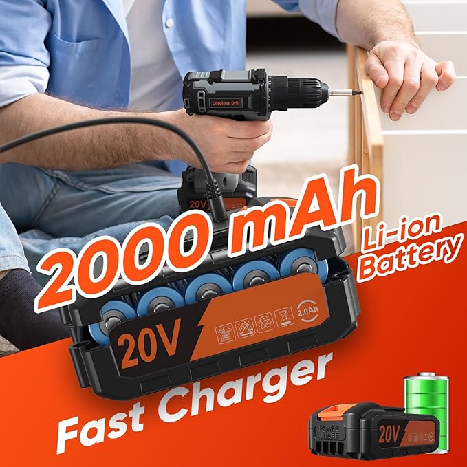 Cordless Drill Set, 20V Power Drill with Power Pack 2.0Ah and Charger, 3/8-Inch Keyless Chuck Electric drill, 25+1 Position, 42pcs Drilldriver Bits/Screws for DIY Projects (Black Grey)