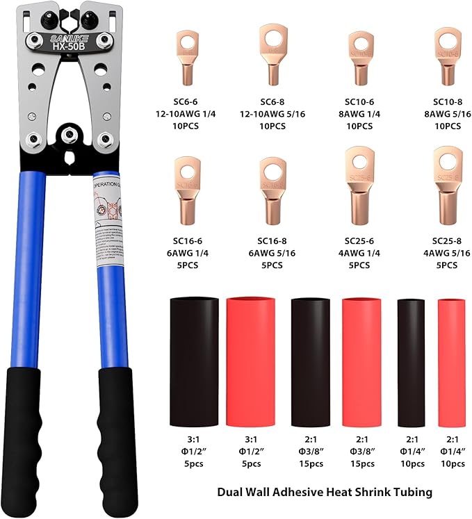 Sanuke Battery Cable Lug Crimping Tool for AWG10-1/0, Wire Terminal Crimper with 60pcs Copper Wire Lugs and Heat Shrink Tubing, Electrical Lug Wire Crimping Tool