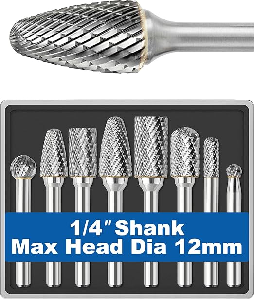 8Pcs Carbide Burr Set 1/4 Shank w/Clear Box Max Head Dia 12mm Die Grinder Bits Rotary Tools Attachment Kit Rasp Accessories Metal Wood Stone Steel Grinding Deburring Cutting Porting Carving