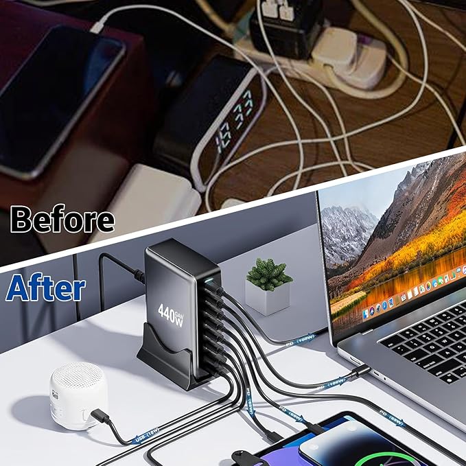 440W USB C Fast Charger Block, 8 Port Charging Station, GaN Ⅲ Multi Port Charging Station Hub for Multiple Devices, Multiport USB Charger Station Compatible with MacBook iPhone iPad Dell