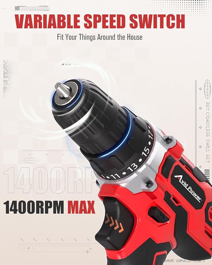 AVID POWER 20V MAX Power Drill Kit, Cordless Drill Set with Battery and Charger, 2 Variable Speed, 3/8-Inch Keyless Chuck, 19 Position and 22pcs Bits