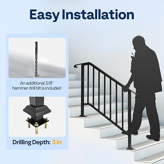 VIVOHOME 2-Pack 4 Step Galvanized Steel Hand Rails for Outdoor Steps – Curved Ends and Safety Balusters Exterior Railing for Porch, Deck, or Indoor Stairs, Complete Installation Kit