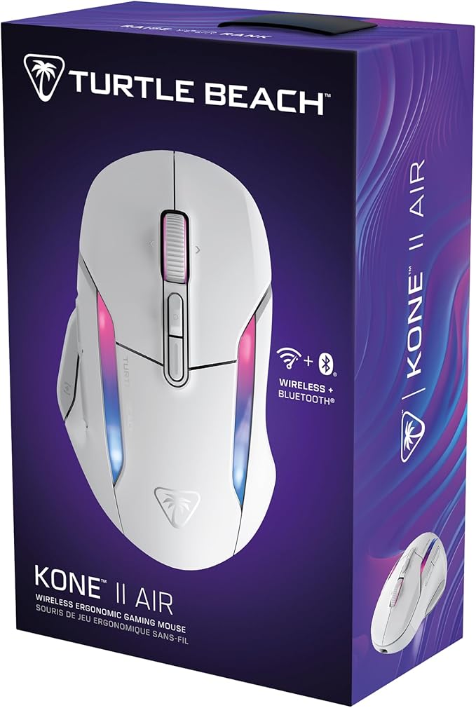 Turtle Beach Kone II Air – Wireless Ergonomic RGB Gaming Mouse, 350-Hr Battery, 26K DPI Optical Sensor, 100M Click Optical Switches, 21 Customizable Inputs, 4D Free-Spin Scroll Wheel – Arctic White