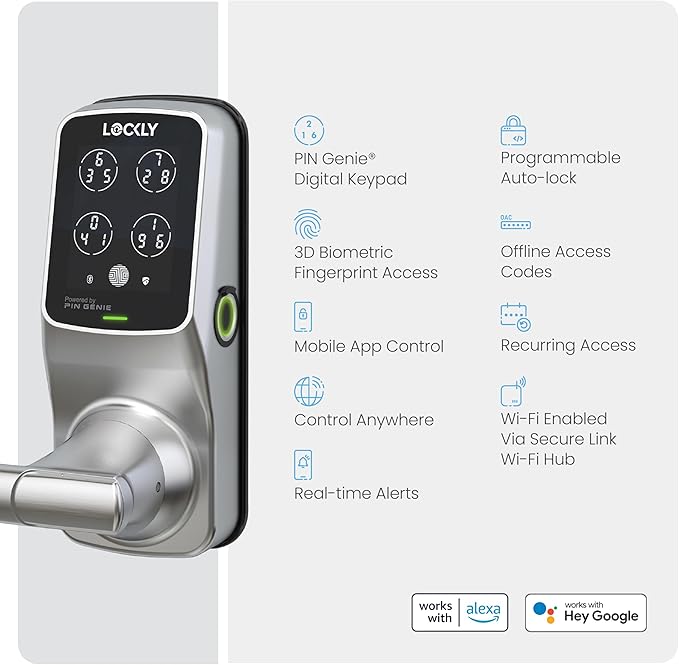 Lockly Secure Pro Smart Lock Wi-Fi, Keyless Entry Digital Keypad Door Lock, 3D Biometric Fingerprint Sensor Front Door with Handle, Voice Control & Auto Lock - Latch Edition