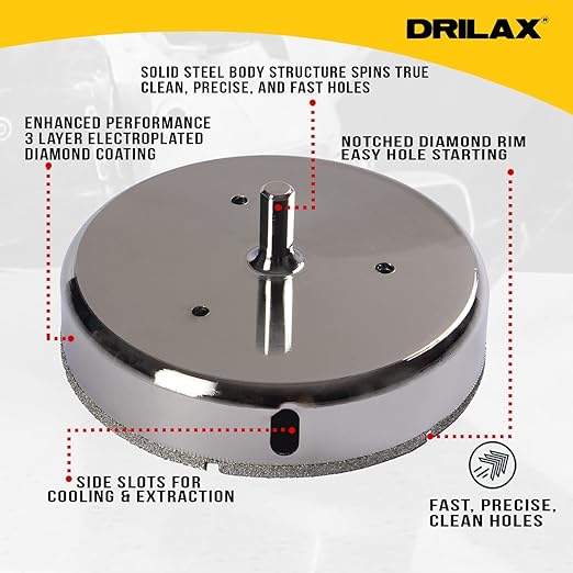 Drilax 5-1/8 inch Diamond Hole Saw for Tile, Glass, Quartz, Granite & Porcelain – 1-1/8" Depth Wet Drill Bit for Floor Drains, Shower Valves, Faucets – Professional & DIY