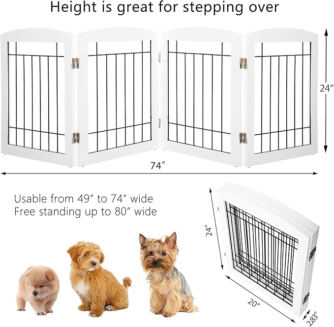 PAWLAND Dog Gate for The Doorways House Stairs Foldable Freestanding Indoor Pet Gate for Dogs Wooden Puppy Safety Fence 80" Wide 24" Height 4 Panels White