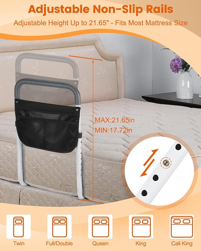 Bed Rails for Elderly Adults Safety - Adjustable Bed Assist Rail for Seniors - Stable Bed Side Rails Handle Support Bar Beds Guard Rail with Storage Bag & Fixing Strap, Fit King Queen Full Twin