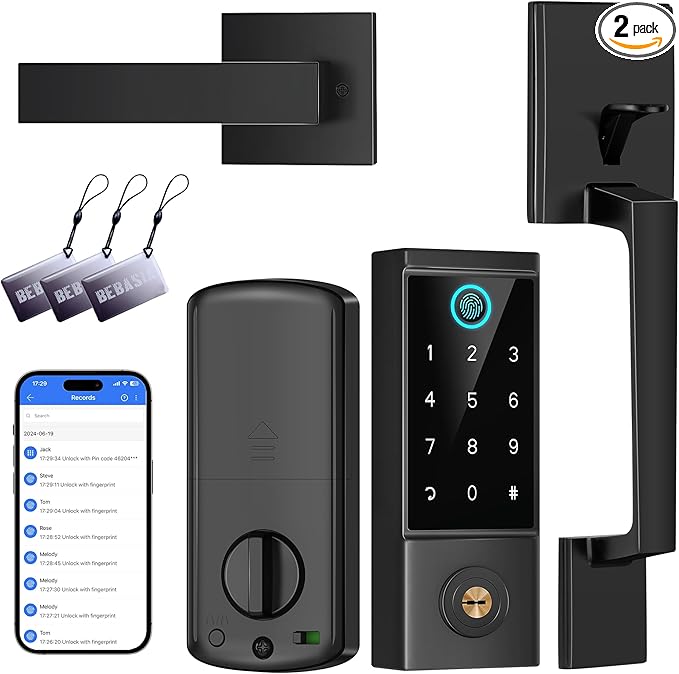 BEBASIA Smart Door Lock with Front Door Handle Set, Heavy Duty Fingerprint Handleset, Keyless Entry Smart Deadbolt for Front Door, Bluetooth Keypad Digital Lock Black