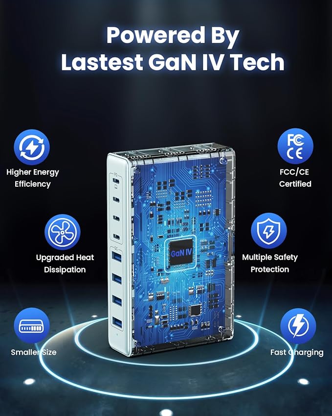 200W USB C Charger Block,GaN IV Charging Station 8 Ports,QC4.0 Fast Charging Station Hub+PD 65W USB C Laptop Charger Adapter Compatible with MacBook Air/Pro,DELL,iPhone 16/15,iPad,Steam Deck-Sky Blue