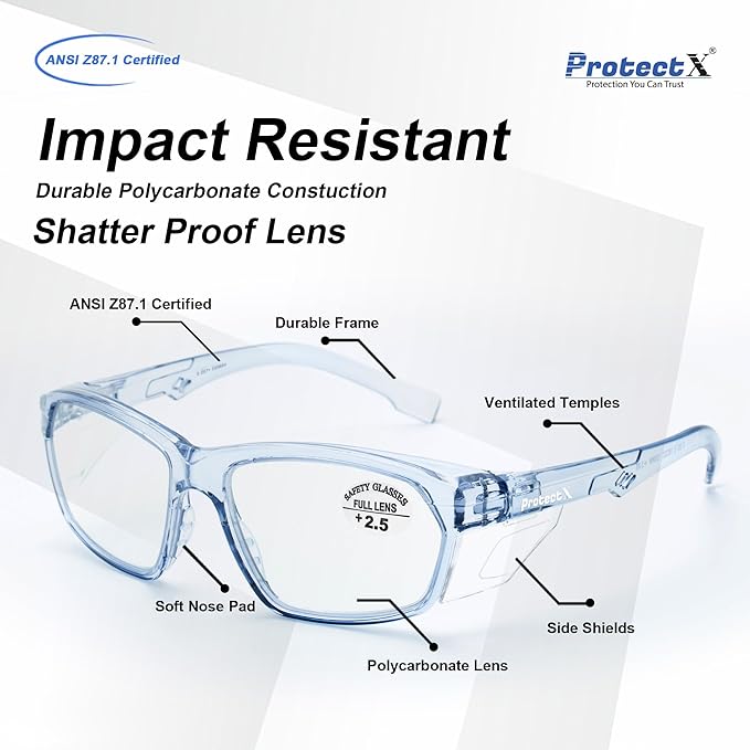 ProtectX Stylish Anti-Fog & Scratch-Resistant Safety Glasses With Readers, UV Protection Goggles, Anti-Impact Lightweight Glasses for Men＆Women 2.5-6 Pack,Blue