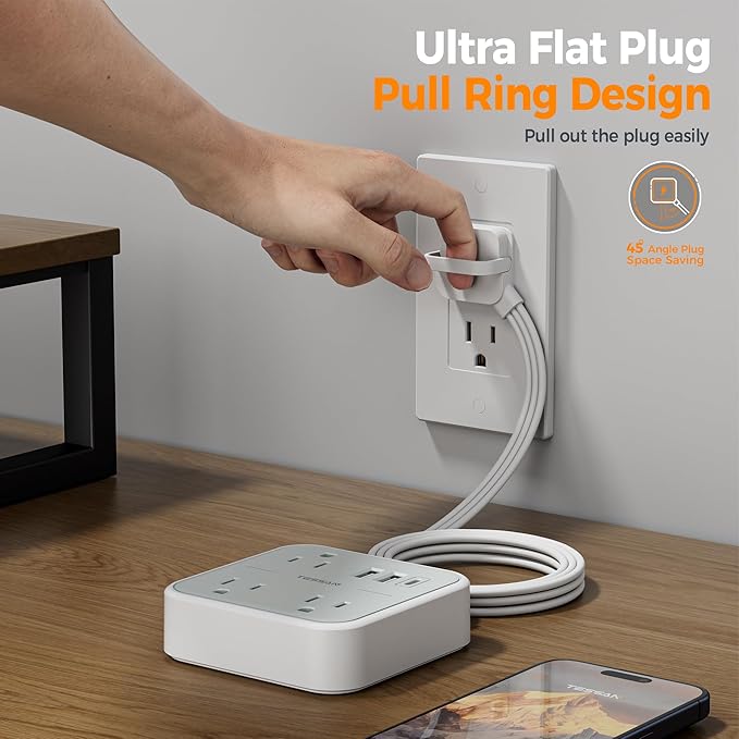 Cruise Essentials, TESSAN Flat Plug Travel Power Strip, Non Surge Protector for Cruise Ship, 3 Outlets 3 USB (1 USB C), 5 FT Extension Cord Small Power Strip with Ring Pull, Portable for Travel