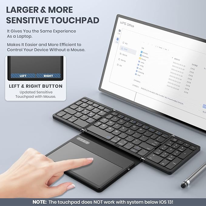 Foldable Bluetooth Keyboard, Portable Full Size Folding Keyboard with Large Touchpad, Numeric Keypad, PU Leather, Wireless TravelKeyboard for Windows Android Mac(Sync up to 3 Devices)