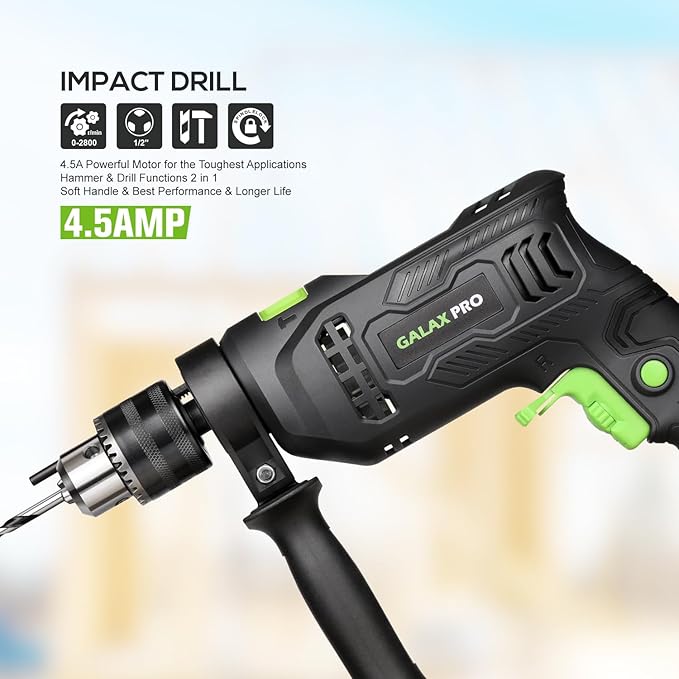 GALAX PRO 4.5Amp 0-3000RPM Corded Hammer Drill, 5pcs Bit, Hammer and Drill 2 Functions in 1 with 12 Variable Speed, 1/2 Inch Keyed Metal Chuck, 360°Rotating Handle