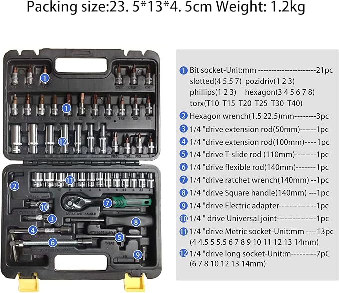 53 Pieces Socket Set 1/4 inch Ratchet Wrench Tool Set, with Bit Socket Set Metric and Extension Bar for Auto Repairing and Household, with Storage Case (53)