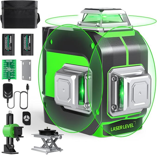 Laser Level, 3x360° Self Leveling Green Cross Line Laser for Construction and Picture Hanging with Rechargeable battery, Remote Controller, Magnetic Rotating Stand