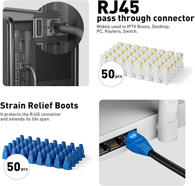 Cat7 RJ45 Crimping Tool, Cat 7 Cat6 Cat5 Pass Through Ethernet Crimping Tool Kit, Network Crimping Tool With Cable Tester, Multiply Stripper, Blades,50Pcs Cat 6 Connectors and Strain Relief Boots