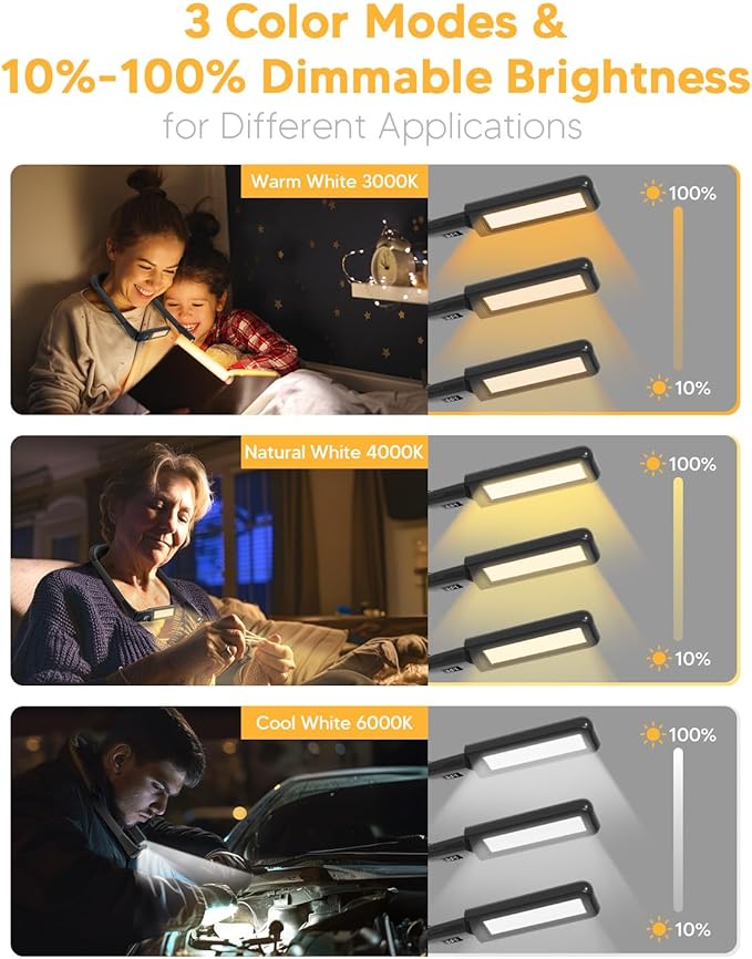 Book Light with EVA Case: Rechargeable Eye Caring 3 Color Dimmable Neck Reading Light, Bendable Neck Lamp with Power Display, Reading Lamp Knitting Crochet Accessories Neck Lights for Crafts