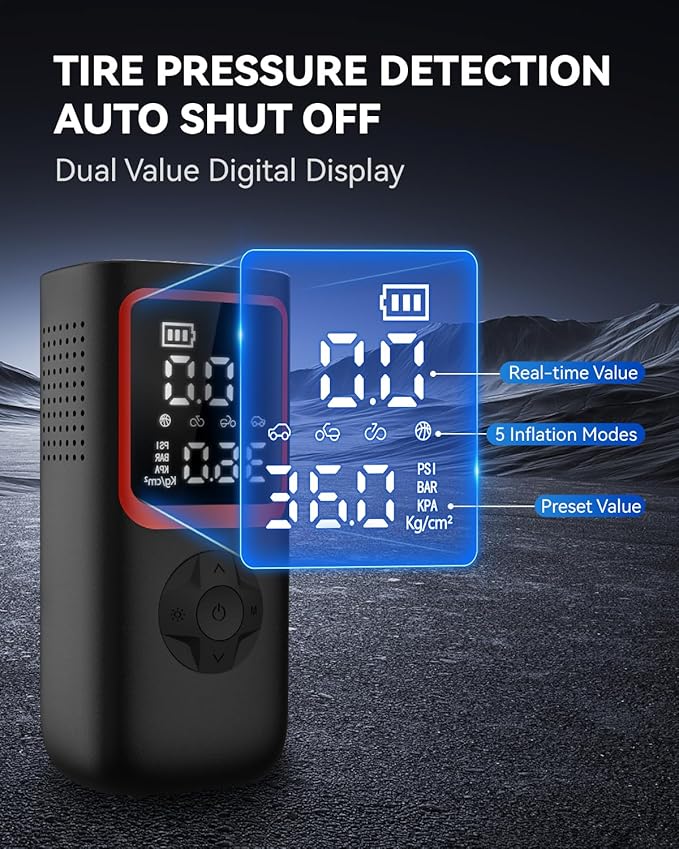 Tire Inflator Portable Air Compressor - 150PSI Portable Tire Inflator with Pressure Gauge, 4X Faster Portable Air Compressor for Car Tires, Air Pump with LED Light for Car, Motorcycle, Bike