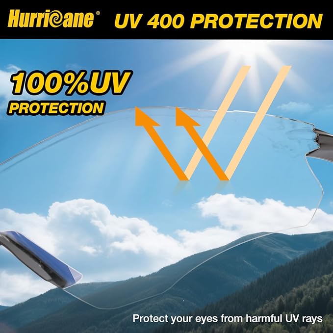 HURRICANE UV400 Safety Glasses, Clear Lens, Lightweight PC Glasses with Anti-Fog Feature