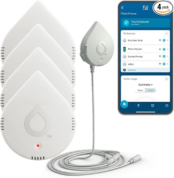 Moen Flo Smart Water Leak Detector, White, 4-Pack 920-005 + 2-Pack 6-Foot Leak Sensing Cable