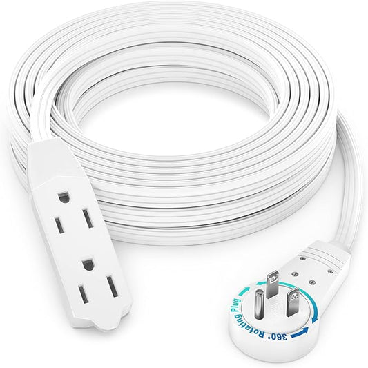 Maximm Cable 20 Ft 360° Rotating Flat Plug Extension Cord/Wire, 16/3 AWG Multi 3 Outlet 3-Prong Grounded Wire- White - UL Certified
