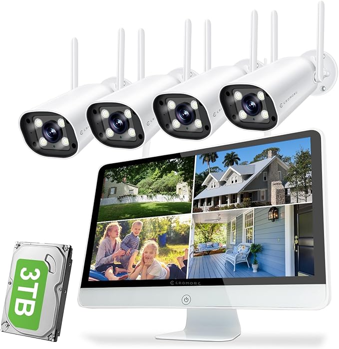 Wireless Security Camera System with 16" IPS Monitor, AI Human Detection, Floodlight,Siren Alarm, 2-Way Audio,4PCS 5MP Camera,Expandable 16CH NVR,Home Business Surveillance,3TB HDD