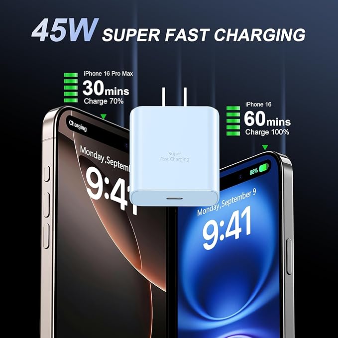 Phone 16 Pro Max Charger Fast Charging, 45W USB C Phone 16 Super Fast Charger Block with 6.6ft Long Type C Charging Cable Cord for Phone 16/16 Pro/16 Pro Max/16 Plus, 15/15 ProMax/Pro/Plus-2pack Blue