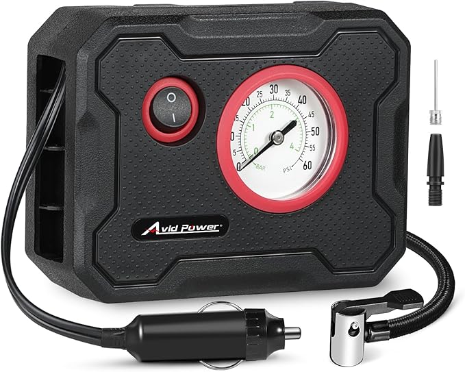 AVID POWER 12V Tire Inflator Portable Air Compressor, Portable Car Air Pump w/Display Gauge and LED Light, Air Pump for Car Tires, Bike, Motorcycle, Compact, Lightweight (Dark Red)