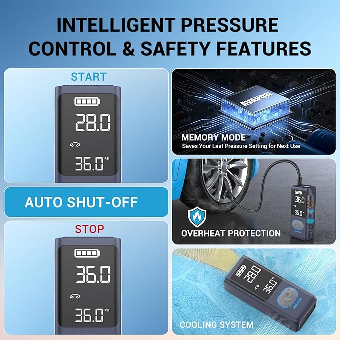 AVAPOW AP18 Tire Inflator Portable Air Compressor, 300% Faster 150 PSI Cordless Air Pump with Tire Pressure Gauge, 3.7″ Dual LCD Screen, Auto-Shuts Off Tire Pump for Car, Motorcycle, Bicycle, Purple