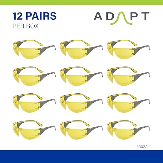 Adapt Moldex Safety Glasses (5002A-1), Amber Lens with Gray/Amber Temples, ANSI Z87.1 Certified, Anti-Fog, Scratch & UV Resistant, Unisex PPE Work Eyewear Protection for Men and Women (12-Pack)