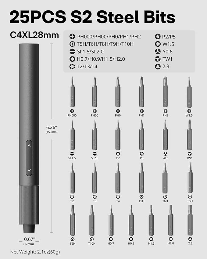 HOTO 25-in-1 Mini Electric Screwdriver, 3.7V Precision Screwdriver Set, USB-C Rechargeable, Compact Magnetic Tool for Phone, Laptop, Camera, DIY Projects, Electronics Repair
