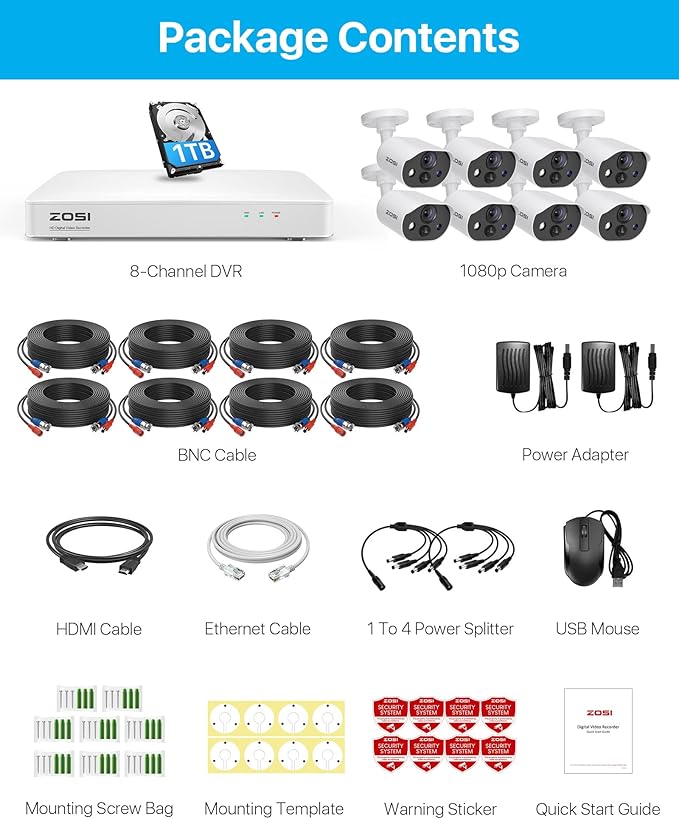ZOSI C303 Home Security Camera System with Audio, 8CH 3K Lite H.265+ DVR with 1TB HDD, 8pcs 1080P Outdoor CCTV Cameras, Person Vehicle Detection, Night Vision, Spotlight Siren, for 24/7 Recording