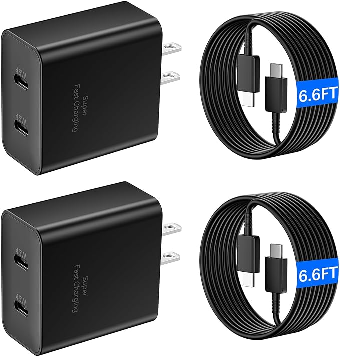 45W USB-C Super Fast Charger, 2-Port 45 Watt Type C Charger Fast Charging Block with 6.6FT USB C Cable Cord for Samsung Galaxy S25 Ultra/S25+/S25/S24/S23 Ultra/S23+/S22 Ultra/S22+/S20 Ultra-Black