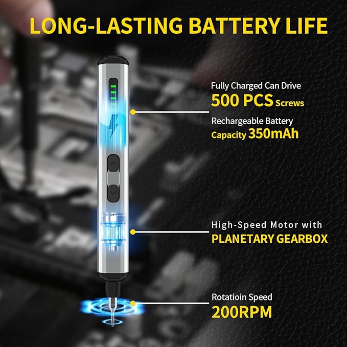 Mini Electric Screwdriver Set,3.7V Power Screwdriver Cordless Rechargeable,4 LED Lights,64 S2 Magnetic Bits,Magnetic Storage,Portable Repair Tool Kit for Electronics Watch Camera Phone Laptop (Black)