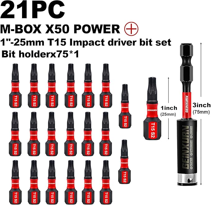 20Pieces 1 In. T15 Impact Tough Magnetic Screwdriver Bit Set, #15 Torx Head Insert Bits, S2 Alloy Steel Star Bits with 1Pc Impact Bit Holder and Storage M-Box