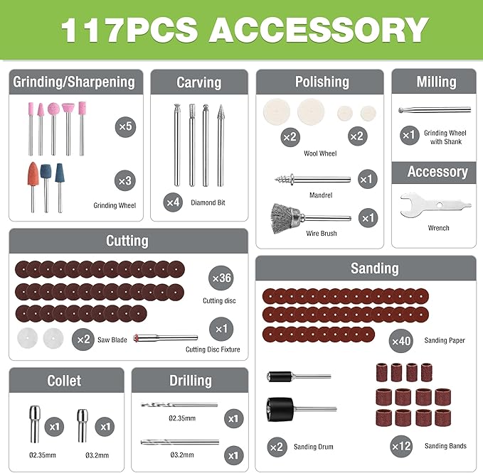 WORKPRO Cordless Rotary Tool, 8V Rotary Tool Kit with 117 Accessories, 6 Variable Speed, Type-C Charging, LED Work Light, Power Rotary Tool for Sanding, Polishing, Engraving, Drilling, Cutting, DIY