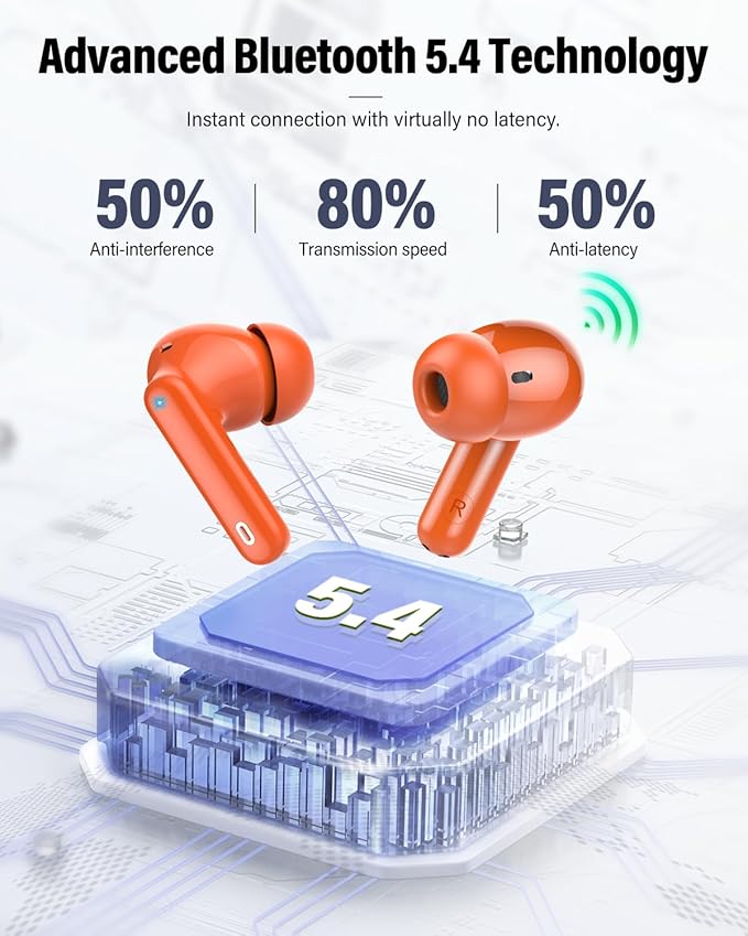 Wireless Earbuds, Bluetooth 5.4 Headphones Bass Stereo, Ear Buds with Noise Cancelling Mic, IP7 Waterproof in Ear Earphones, 36H LED Display Bluetooth Earbuds for Laptop Pad Phones Sports, Orange