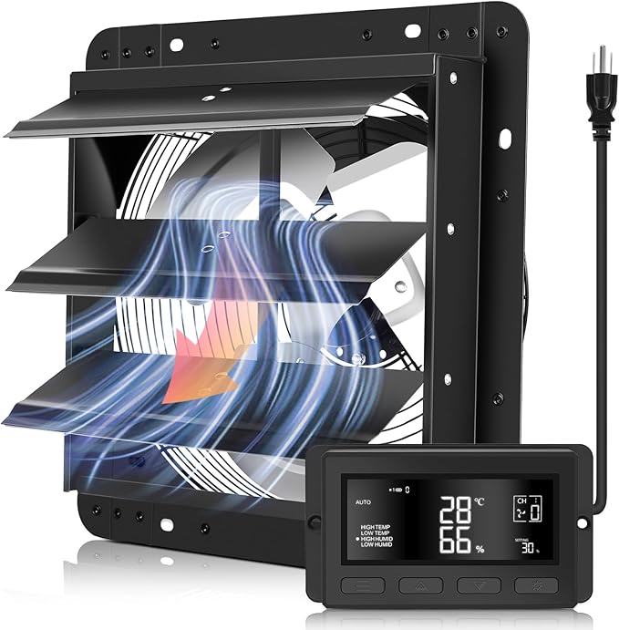 YOZON 12 Inch Attic Fan with Thermostat, Garage Exhaust Fan with Smart Temperature Humidity Controller, EC Motor, 1300 CFM, 10-Speed Adjustable for Chicken Coops, Greenhouses, Workshop Ventilation