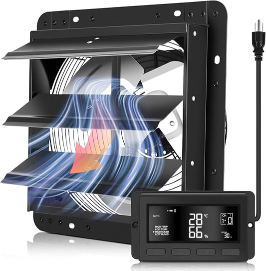 YOZON 12 Inch Attic Fan with Thermostat, Garage Exhaust Fan with Smart Temperature Humidity Controller, EC Motor, 1300 CFM, 10-Speed Adjustable for Chicken Coops, Greenhouses, Workshop Ventilation