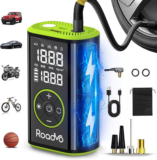 Roadvo Tire Inflator Portable Air Compressor-3X Fast 150 PSI Cordless Air Pump with Digital Tire Pressure Gauge,Auto Shutoff & LCD Display,Portable Bike Pump for Car Tires,Ebike,Motorcycle,Balls